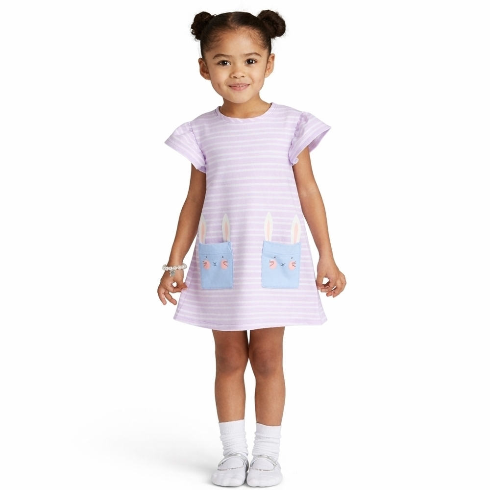 Cat & Jack Baby Girl Bunny Easter Dress 12M | Purple Striped Flutter Sleeve - Picture 2 of 9